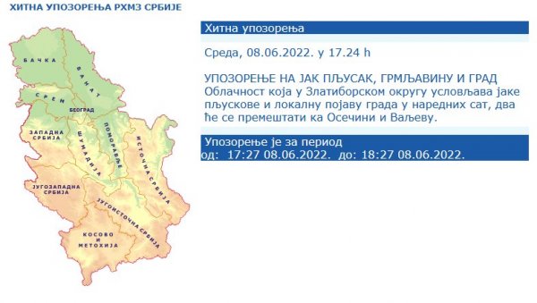 У НАРЕДНИХ САТ ВРЕМЕНА ОЧЕКУЈТЕ ГРАД И ГРМЉАВИНУ: РХМЗ издао ново хитно упозорење за овај део Србије