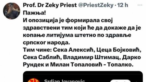 ТВИТЕРАШ ЈЕДНОМ ОБЈАВОМ ОБЕСМИСЛИО СВЕ ШТО РАДИ ОПОЗИЦИЈА: Ко чини здравствени тим опозиције