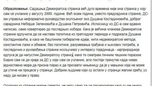 ФУНКЦИОНЕР ДС НАПУСТИО ДЕМОКРАТСКУ СТРАНКУ И ОТКРИО СТРАШНУ ИСТИНУ: Странком управља неформална група коју воде Петровић и Зеленовић (ФОТО)