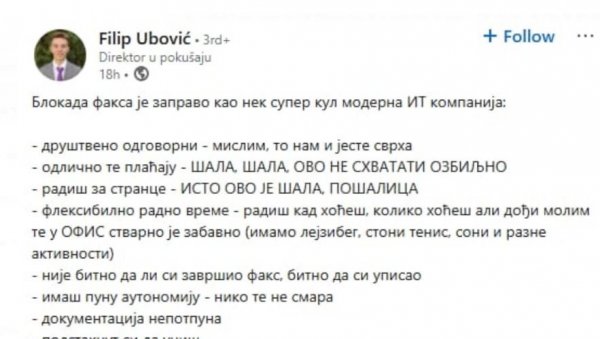 ЛИЦЕМЕРЈЕ НА КВАДРАТ: Блокира ФОН, па отишао да студира у Финску (ФОТО)