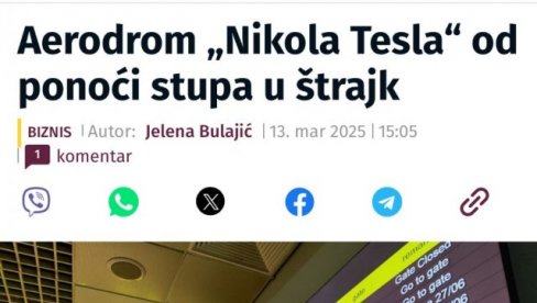 DŽABA ŠOLAKOVA KAMPANJA RUŠENJA DRŽAVE:Aerodrom Nikola Tesla radi kao sat!