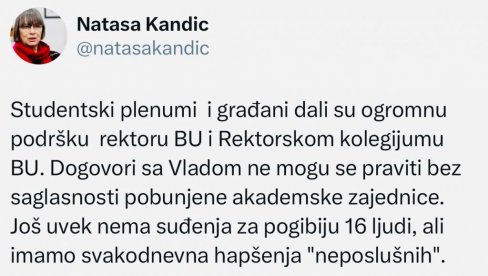 НАТАША КАНДИЋ ЗДУШНО УЗ ЂОКИЋА: Идеолог блокадера подржала ректора - уједињени у пљувању по Србији