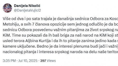 BEDNO JE DA INTERESI PLENUMA BUDU JAČI Nikolić kritikovala opoziciju zbog bojkota sednice vezane za pitanja života Srba na KiM BEDNO JE DA INTERESI PLENUMA BUDU JAČI Nikolić kritikovala opoziciju zbog bojkota sednice vezane za pitanja života Srba na KiM