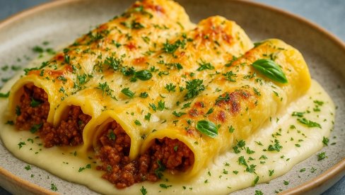 ЗАПЕЧЕНЕ ПАЛАЧИНКЕ СА МЕСОМ И БЕЛИМ СОСОМ: Рецепт за мекане палачинке, сочан фил, кремасти сос и златну корицу