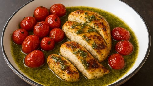 PILETINA SA PESTOM I PEČENIM PARADAJZOM: Recept za kremastu piletinu PILETINA SA PESTOM I PEČENIM PARADAJZOM: Recept za kremastu piletinu