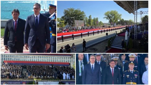 ВУЧИЋ ДАО ЗНАК ДА ПОЧНЕ ВЕЛИЧАНСТВЕНА ВОЈНА ПАРАДА СНАГА ЈЕДИНСТВА: Дефилују ешалони јединица, развијена српска тробојка од 300 метара