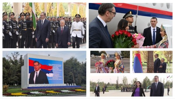 ВУЧИЋ У УЗБЕКИСТАНУ: Председник Мирзијојев га дочекао уз највише војне почасти (ФОТО/ВИДЕО) ВУЧИЋ У УЗБЕКИСТАНУ: Председник Мирзијојев га дочекао уз највише војне почасти (ФОТО/ВИДЕО)
