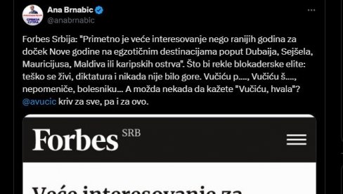 БРНАБИЋ ПОРУЧИЛА БЛОКАДЕРИМА: Тешко се живи, а интересовање за пут на Сејшеле, Малдиве и Дубаији порасло - И за то је крив Вучић   (ФОТО)