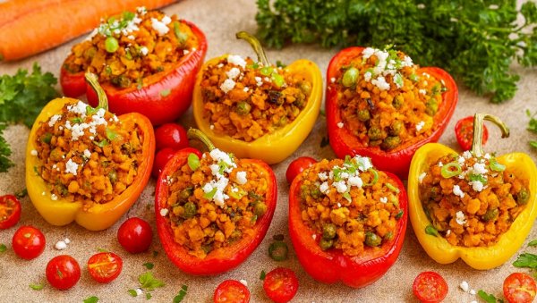 ПУЊЕНЕ ПАПРИКЕ СА КУСКУСОМ, ПРАЗИЛУКОМ, ГРАШКОМ И ФЕТОМ: Јело које спаја медитеранске укусе и здраве састојке