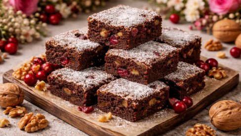 БОЖИЋНИ ЧОКОЛАДНИ БРАУНИЈИ: Укусан колач са брусницом и орасима