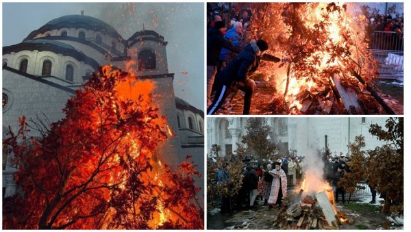ЗАПАЉЕН БАДЊАК ИСПРЕД ХРАМА СВЕТОГ САВЕ: Окупио се велики број верника да прослави Бадње вече