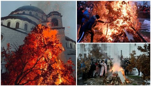 ZAPALJEN BADNJAK ISPRED HRAMA SVETOG SAVE: Okupio se veliki broj vernika da proslavi Badnje veče