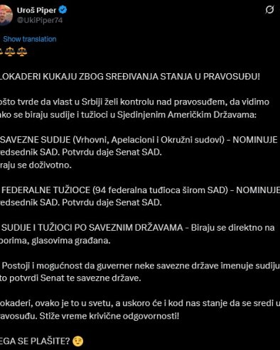 БЛОКАДЕРИ КУКАЈУ ЗБОГ СРЕЂИВАЊА СТАЊА У ПРАВОСУЂУ Пипер објаснио: Тврде да власт у Србији жели контролу над правосуђем