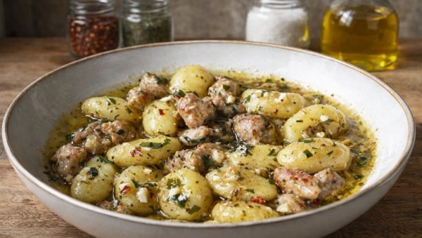 ЊОКИ СА БЕЛИМ ЛУКОМ, ПУТЕРОМ И КОБАСИЦОМ: Брза вечера из једног лонца