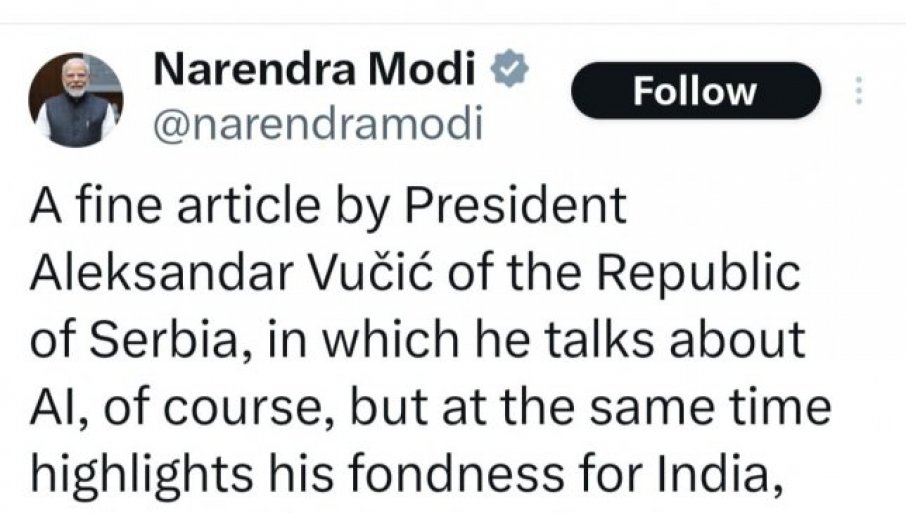 СРБИЈО БУДИ ПОНОСНА: Премијер најмногољудније земље на свету нахвалио председника Србије и указао му велико поштовање