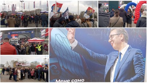 АРЕНА ВЕЋ ПУНА, ВЕЛИКИ БРОЈ ЉУДИ ОСТАО ИСПРЕД ДВОРАНЕ: Све је спремно за величанствени скуп СНС у 16 часова (ФОТО/ВИДЕО)